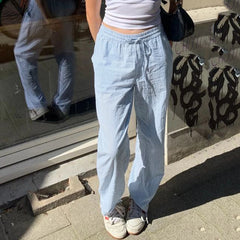 Loose striped contrast casual lace-up straight-leg trousers