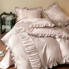 French Pleated Ruffle Bedding Set - Pink