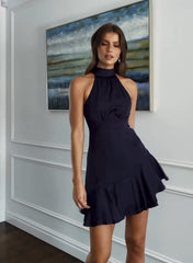 Sleeveless Crew Neck Mini Dress With Hip Ruffles
