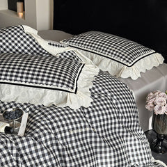 Hazel Vintage Gingham Ruffle Bedding Set - Black
