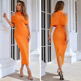 Shoulderless Turtleneck Slit Midi Dress