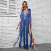 Deep V Rhinestone Fringed Dress - Blue