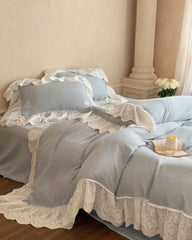 Macaroon French Lace Ruffled Bedding Set - Blue