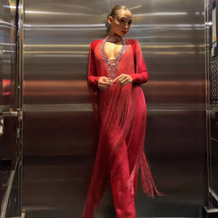 Vestido con escote en V profundo y flecos de diamantes de imitación - Rojo