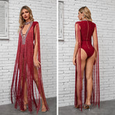 Deep V Rhinestone Fringed Dress - Red