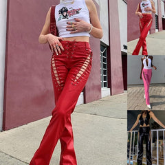 Vaqueros de tiro bajo con cordones y ojales