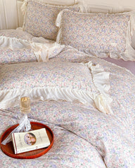 Delicate Floral Lace Ruffled Bedding Set - Purple