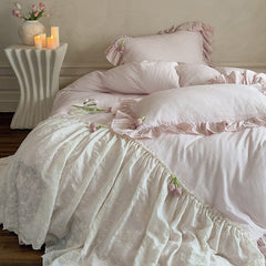 Bella Floral Lace Ruffled Princess Bedding Set - Pink