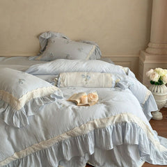Beatrice Rose Lace Ruffle Bedding Set - Blue