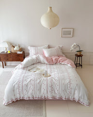 Embroidered French Lace Ruffle Bedding Set - Pink