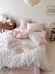 Embroidered French Lace Ruffle Bedding Set - Pink