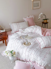 Embroidered French Lace Ruffle Bedding Set - Pink