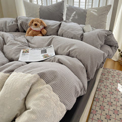 Sophia Gingham Lace Washed Cotton Bedding Set - Gray