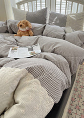 Sophia Gingham Lace Washed Cotton Bedding Set - Gray