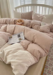 Sophia Gingham Lace Washed Cotton Bedding Set - Brown