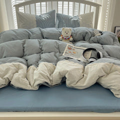 Sophia Gingham Lace Washed Cotton Bedding Set - Blue