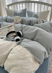 Sophia Gingham Lace Washed Cotton Bedding Set - Blue