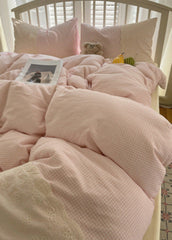 Sophia Gingham Lace Washed Cotton Bedding Set - Pink