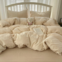 Sophia Gingham Lace Washed Cotton Bedding Set - Cream