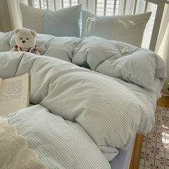 Sophia Gingham Lace Washed Cotton Bedding Set - Ocean Blue