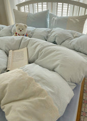 Sophia Gingham Lace Washed Cotton Bedding Set - Ocean Blue