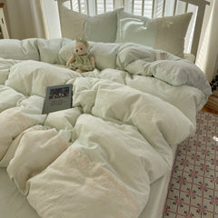 Sophia Gingham Lace Washed Cotton Bedding Set - Light Green