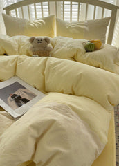 Sophia Gingham Lace Washed Cotton Bedding Set - Yellow