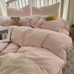 Sophia Gingham Lace Washed Cotton Bedding Set - Pink