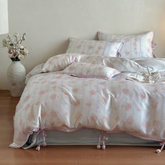 Bianca Floral Ribbon Tied TENCEL Bedding Set - Ivory Blue