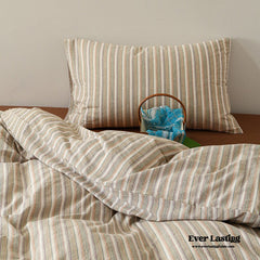 Ava Vintage Striped Cotton Bedding Set - Beige Striped