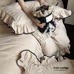 Beige Black Trim Ruffle Bedding Bundle