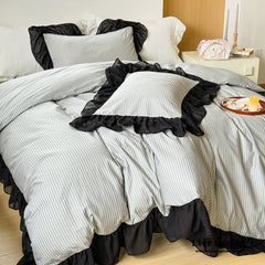 Black Lace Stripe Pastel Bedding Set - Green