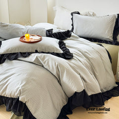 Black Lace Stripe Pastel Bedding Set - Green