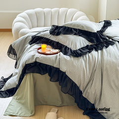 Black Lace Stripe Pastel Bedding Set - Green