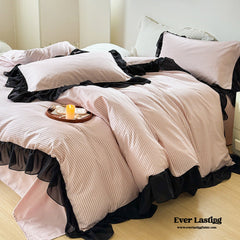 Black Lace Stripe Pastel Bedding Set - Pink