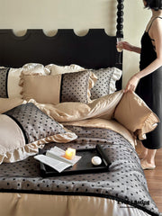 Black Lace Sweet Heart Ruffle Bedding Set - Brown
