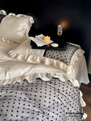 Black Lace Sweet Heart Ruffle Bedding Set - White