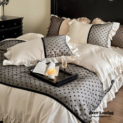 Black Lace Sweet Heart Ruffle Bedding Set - White