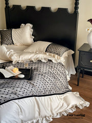 Black Lace Sweet Heart Ruffle Bedding Set - White