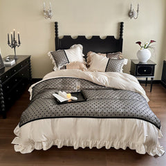 Black Lace Sweet Heart Ruffle Bedding Set - White