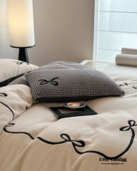Bowknot Embroidered Plaid Velvet Bedding Set - Beige