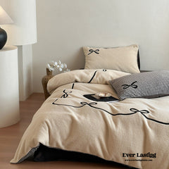 Bowknot Embroidered Plaid Velvet Bedding Set - Beige