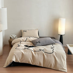 Bowknot Embroidered Plaid Velvet Bedding Set - Beige