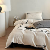 Bowknot Embroidered Plaid Velvet Bedding Set - Cream