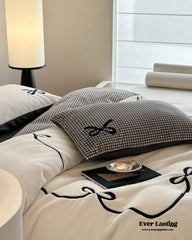 Bowknot Embroidered Plaid Velvet Bedding Set - Cream