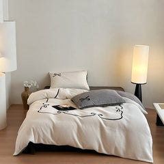 Bowknot Embroidered Plaid Velvet Bedding Set - Cream