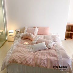 Candy Lace Gingham Ruffle Bedding Set - Pink