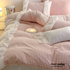 Candy Lace Gingham Ruffle Bedding Set - Pink