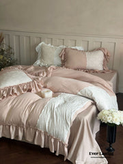 Celeste Soft Lace Embroidered Ruffle Bedding Set - Pink