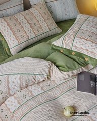 Cottage Braided Button Velvet Bedding Set - Green